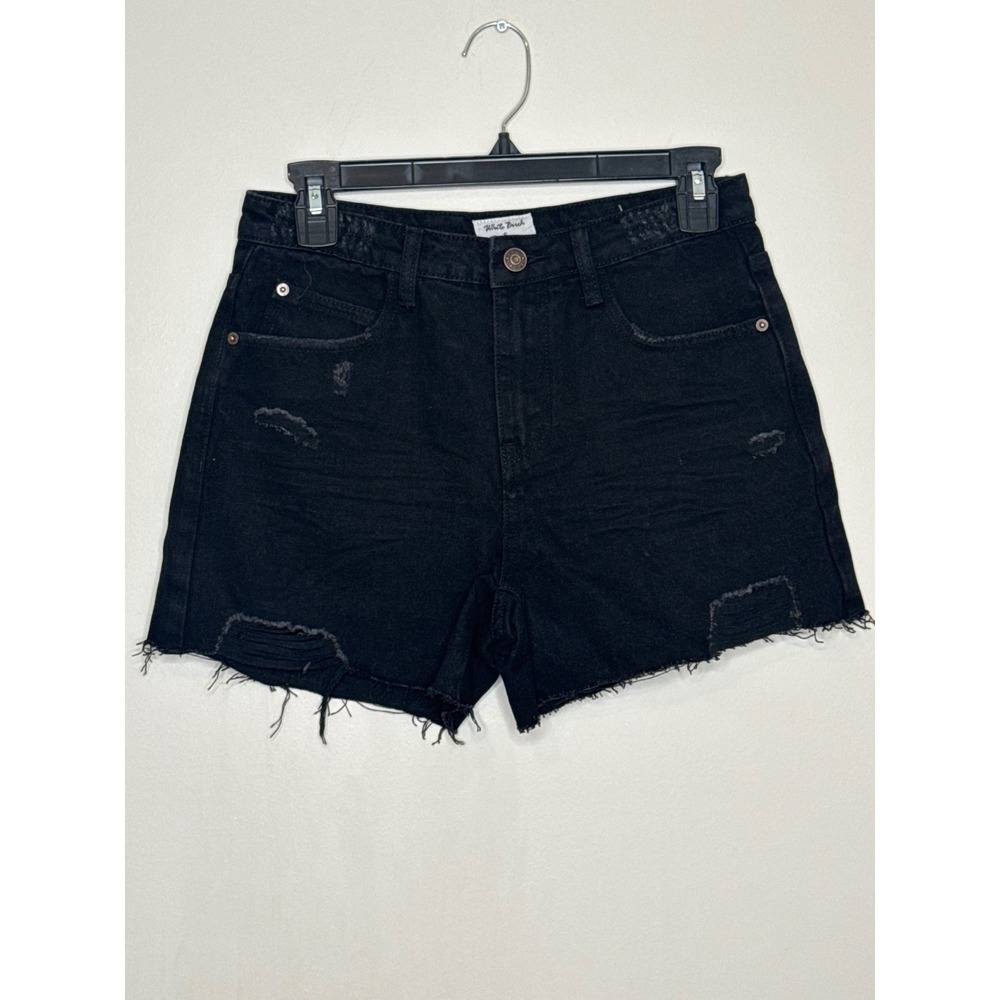 White Birch Womens Black Distressed Denim Shorts High Rise Raw Hem Size S